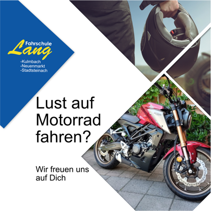 Ausschnitte eines Motorrads nebst Helm mit der Frage: Lust auf Motorrad fahren?